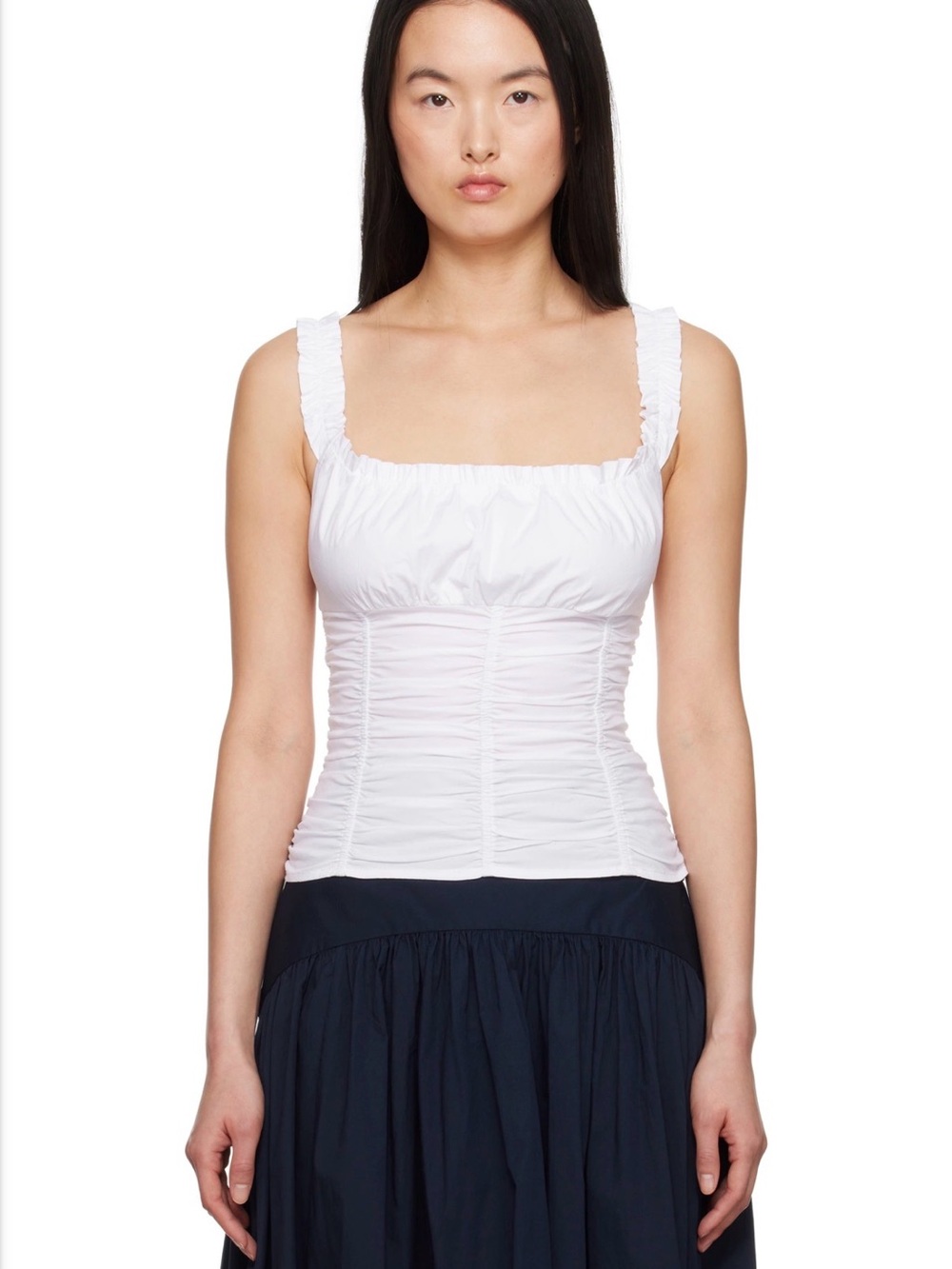 STAUD White Ruched Tank with Ruffled Straps